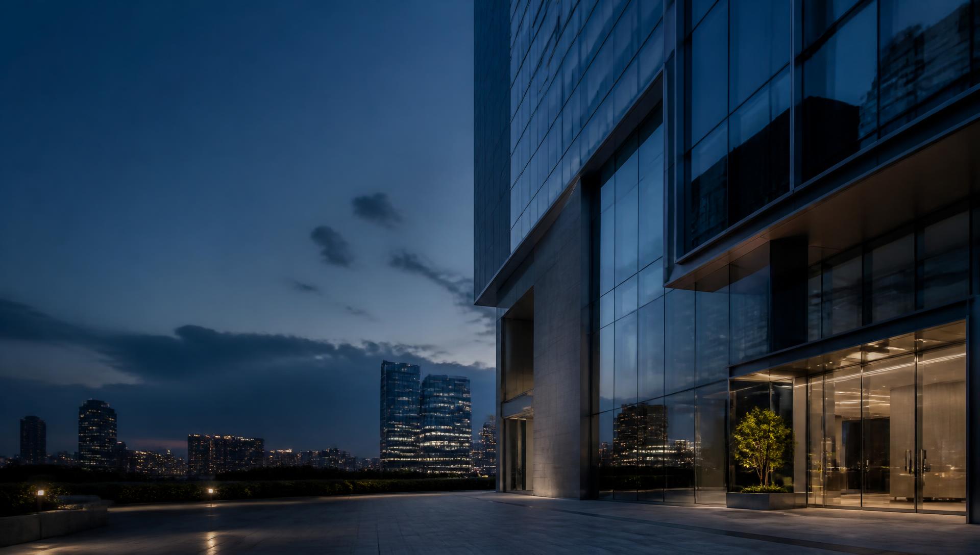 Arquitetura corporativa contemporânea em São Paulo ao anoitecer